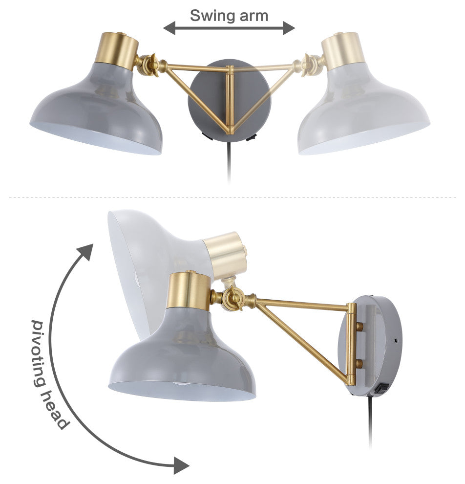 Lynn Swing Arm 1-Light Modern Midcentury Iron USB Charging Port LED Sconce, Gray