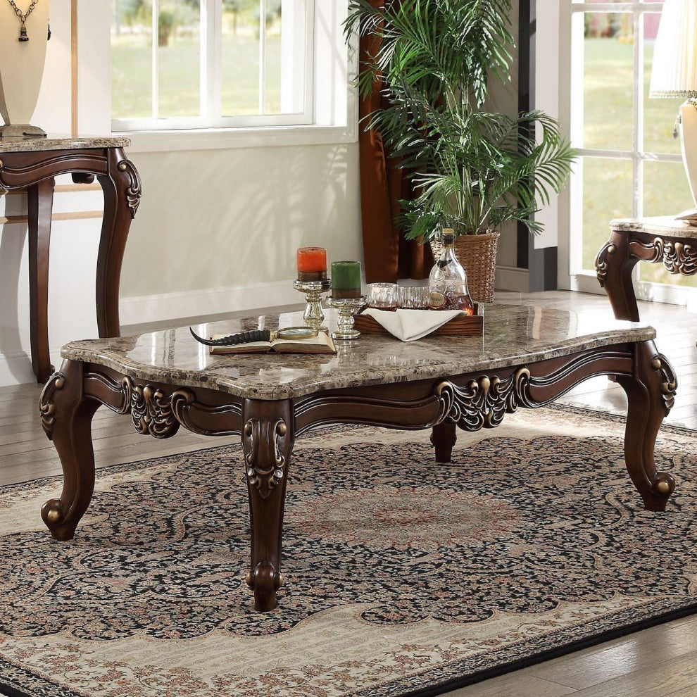 Faux Marble Top Rectangular Coffee Table in Walnut