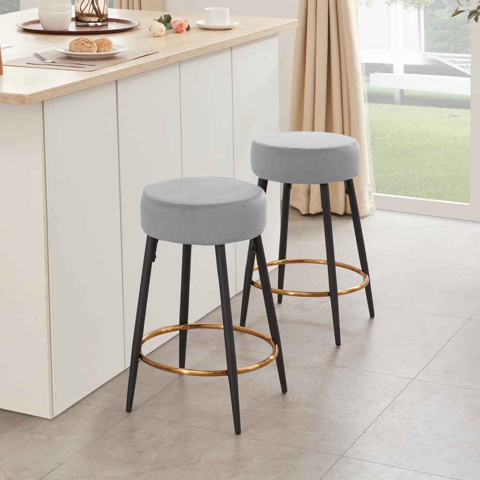Minimalist Round Bar Stools, Grey Velvet - 2 Pcs, 24 Inch
