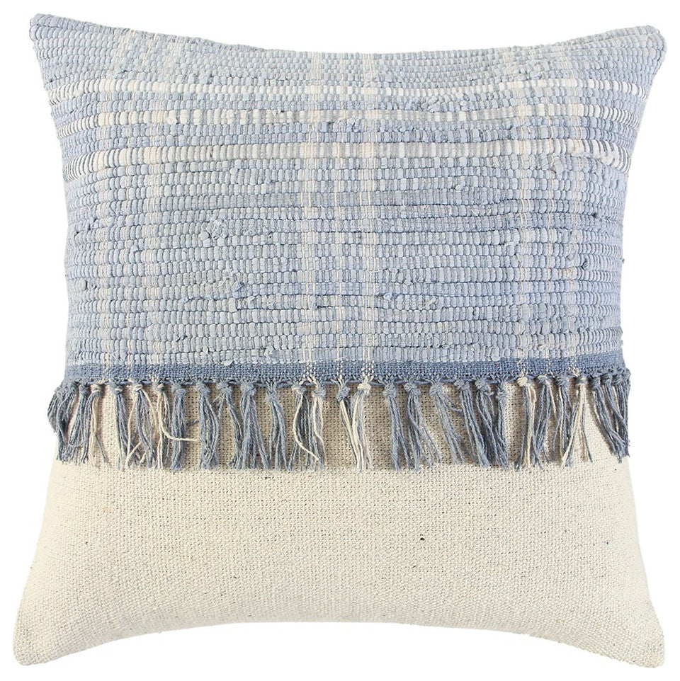 Ivory Blue Block Tasseled Throw Pillow