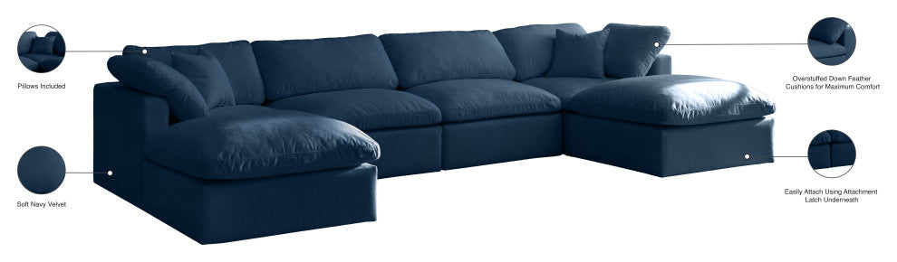 Plush Velvet / Down Standard Comfort 6-Piece U-Shaped Modular Sectional, Navy