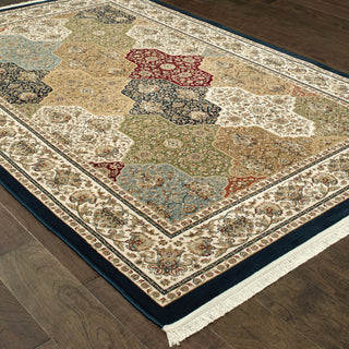 Mackenzie Panel Medallions Navy/ Multi Fringed Area Rug, 5'3"X7'6"