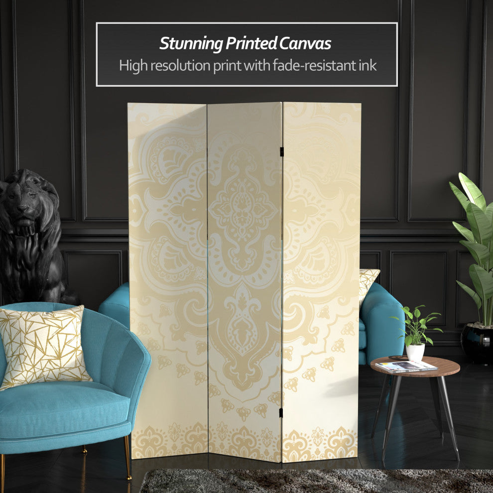 6' Tall Double Sided Ivory Indian Pattern Canvas Room Divider