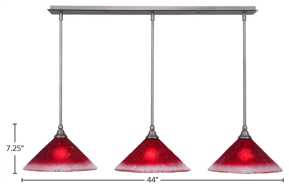 3 Light Mini Pendant In Brushed Nickel, 12" Raspberry Crystal Glass