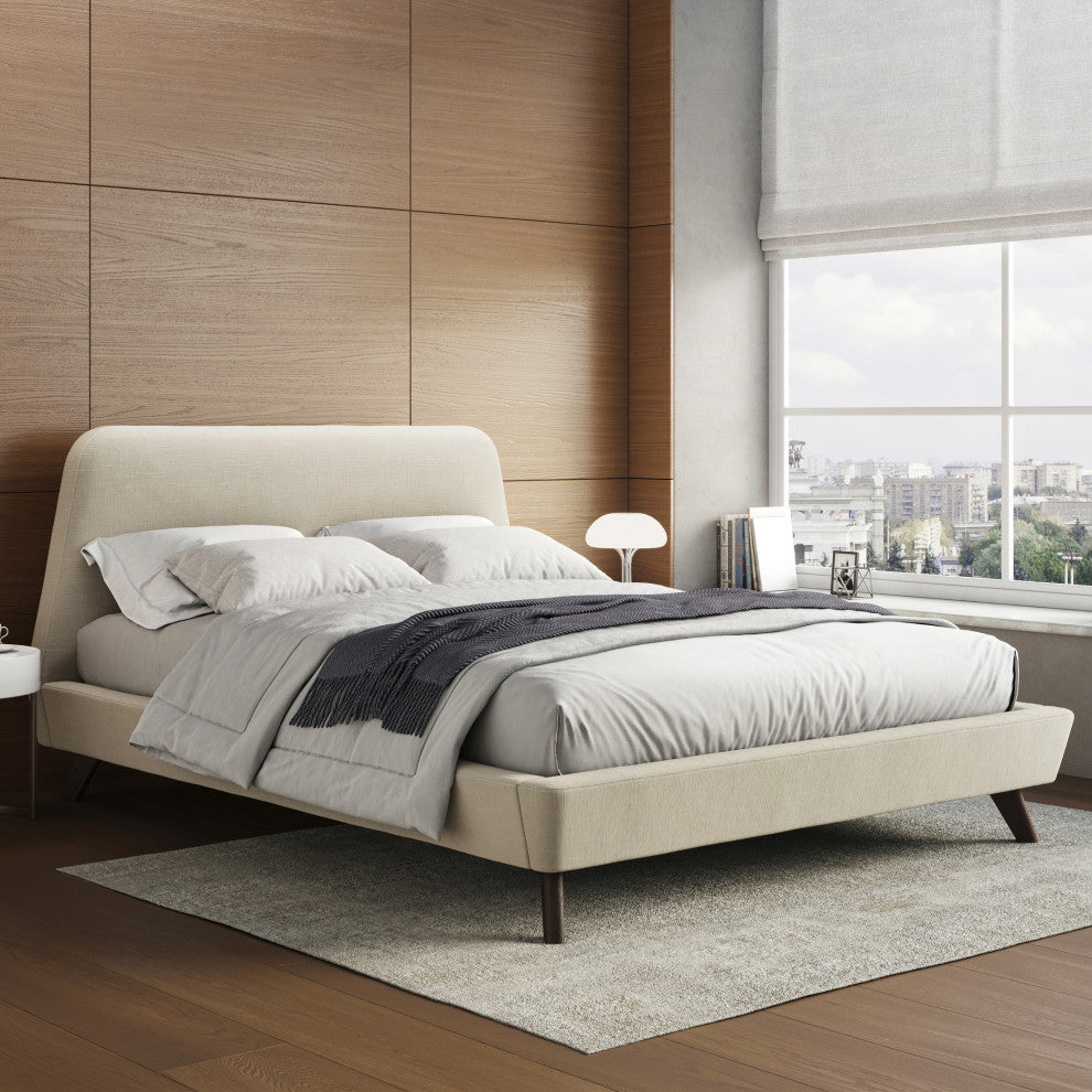 Henry Mid-Century Modern Upholstered Platform Bed, Beige, Queen