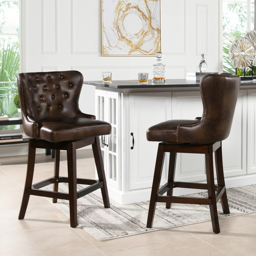 Holmes 27" Tufted High-Back 360 Swivel Counter-Height Barstool, Mid Brown Faux Leather