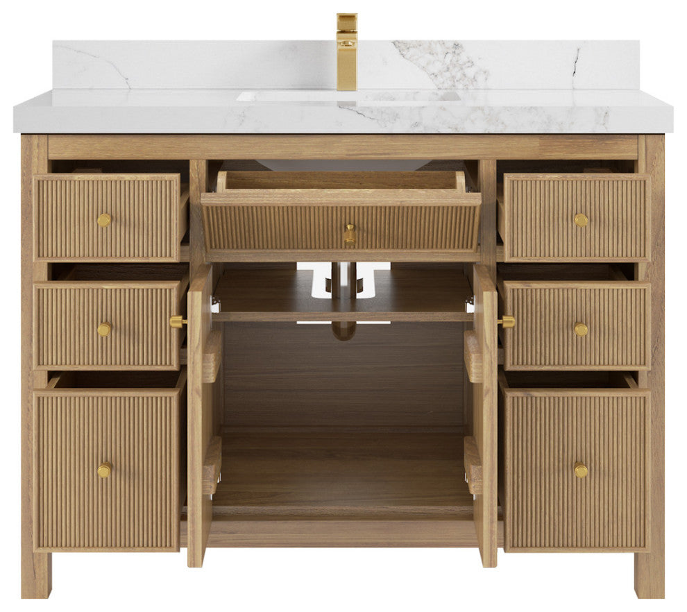 Sonoma 48 Single Sink Bath Vanity in Light Natural Teak with 2" Calacatta Nuvo