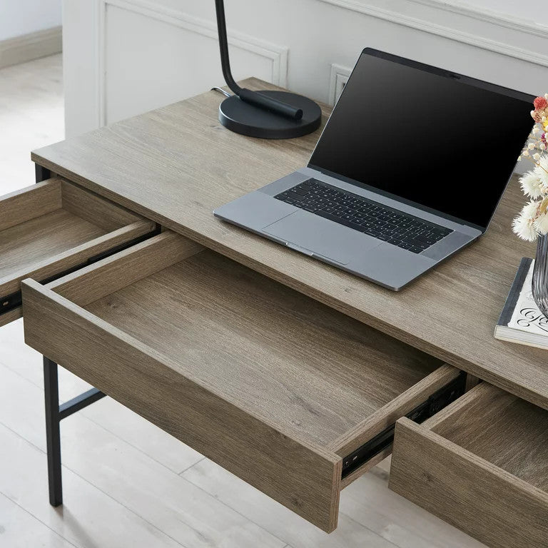 Transitional Desk, Open Frame With Worktop & Handless Drawers, Antique Gray Oak