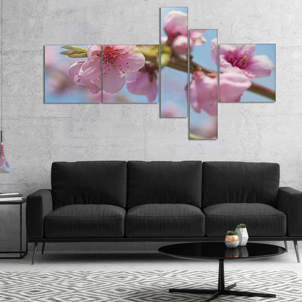 Stem of Peach Blossom Flowers, Floral Canvas Art Print, 60"x32", 5 panels
