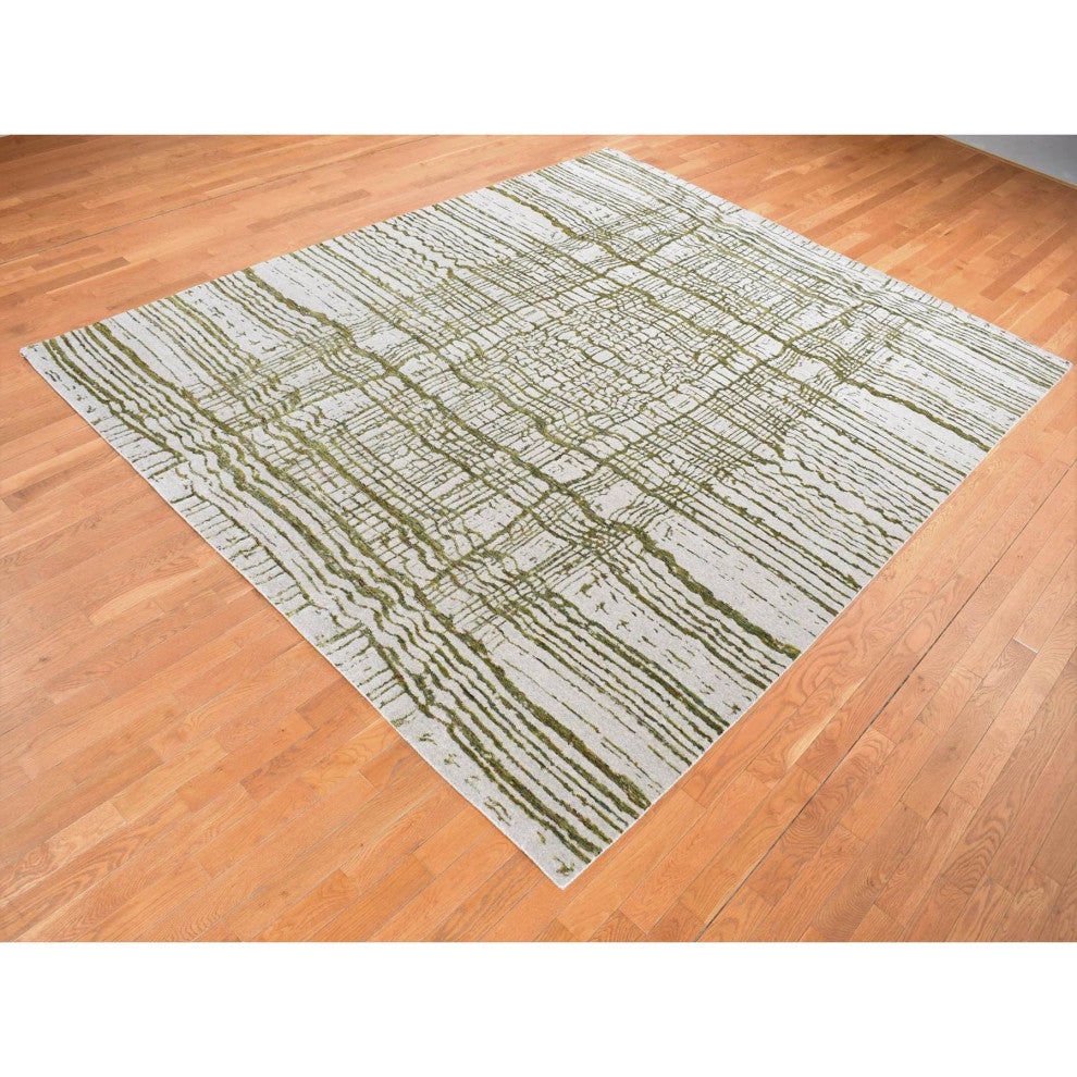 Gray Jacquard Hand Loomed Modern Design Wool and Silk Hand Loomed Rug 9'2"x11'8"