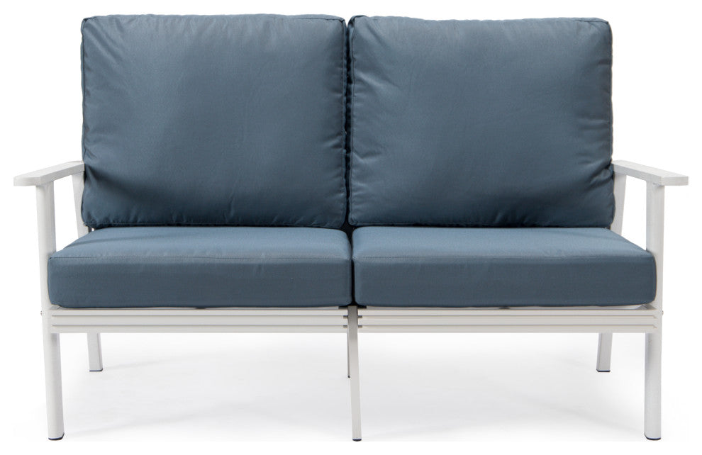 Leisuremod Walbrooke Patio Loveseat With White Aluminum Frame, Navy Blue