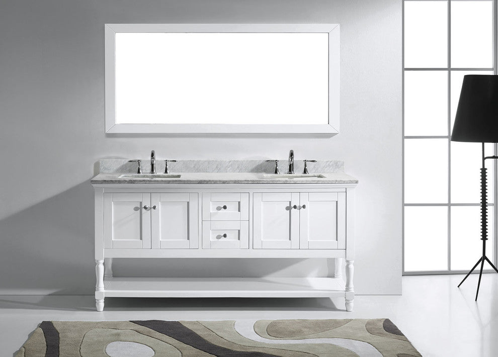 Virtu Julianna 72" Double Bathroom Vanity, White With Faucet and Mirror