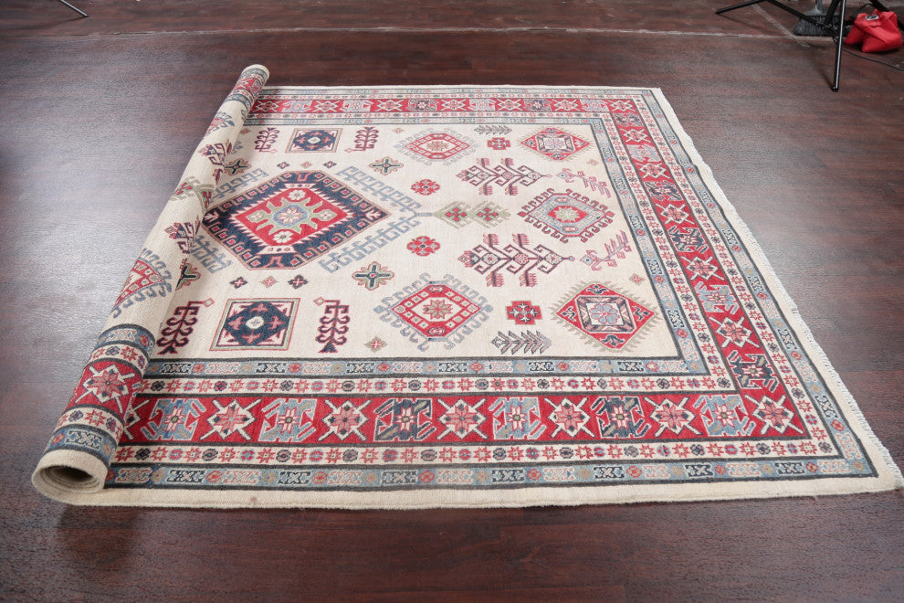 Oriental Traditional Kazak Handmade Pakistani Area Rug, Beige, 9'5"x6'6