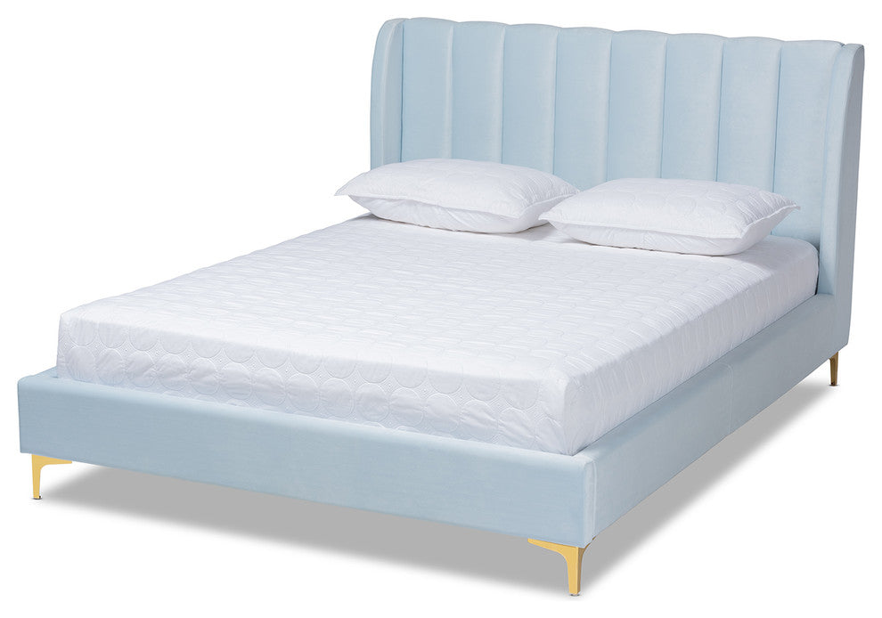Carmen Light Blue Velvet Upholstered Queen Platform Bed With Gold-Tone Legs