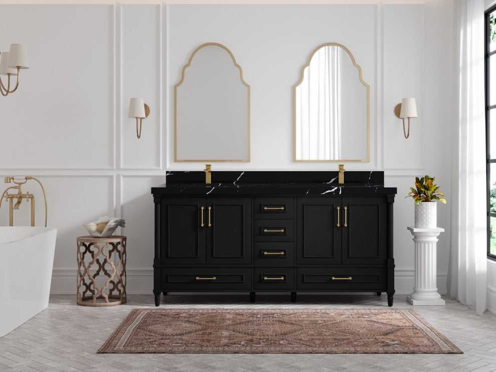 Aberdeen 72 Double Sink Bath Vanity In Black 2" Calacatta Black
