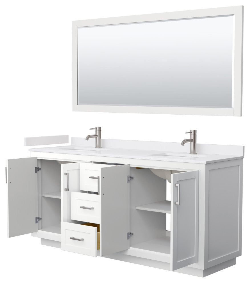 72"DBL Vanity White, White Cult. Marble Top, Sinks, Nickel Trim, 70"Mirror