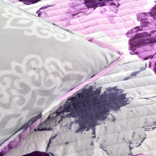 Leah Reversible 3-Piece Quilt Set, Gray/Purple, King