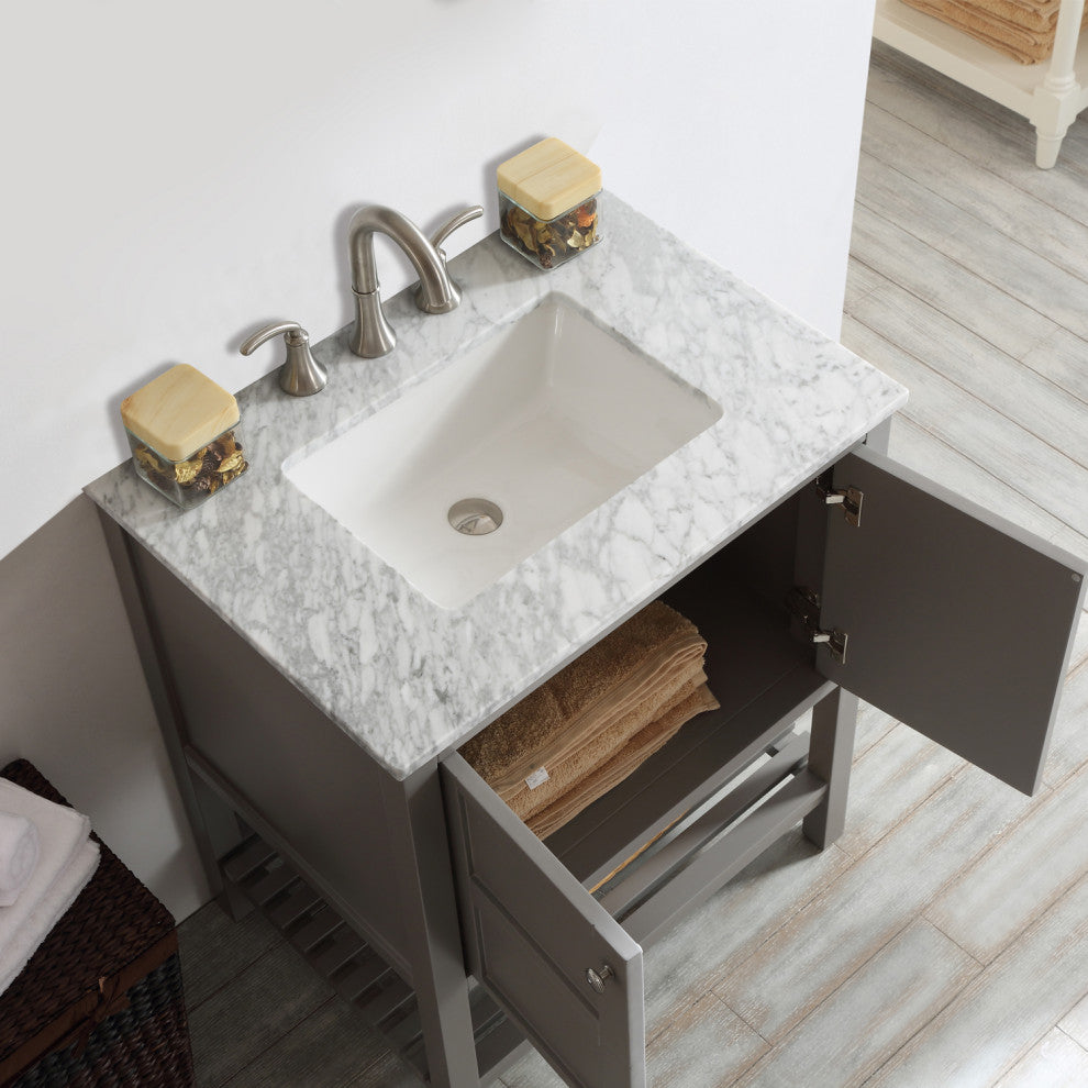 30" Single Vanity in Grey with Carrara White Marble Countertop Without Mirror