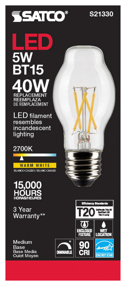 5W BT15 LED, Clear, Medium Base, 90 CRI, 2700K, 120V