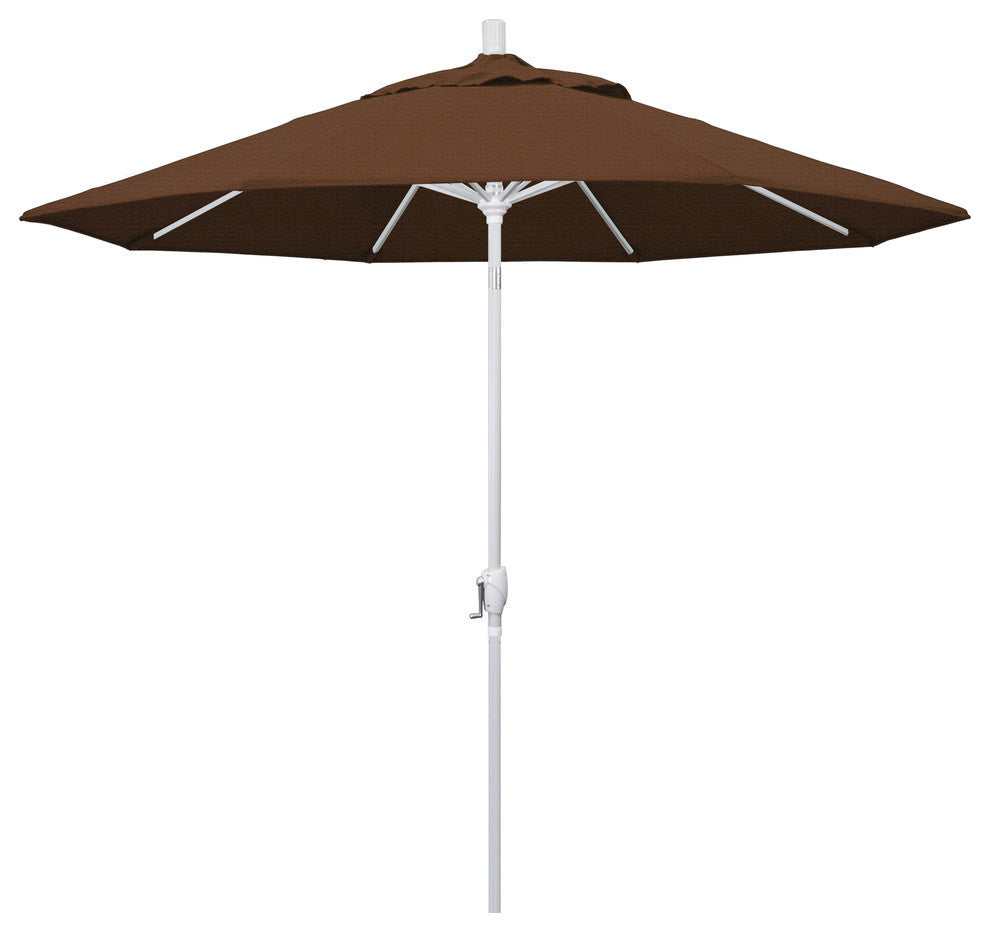 9' Matted White Push-Button Tilt Crank Aluminum Umbrella, Teak Olefin