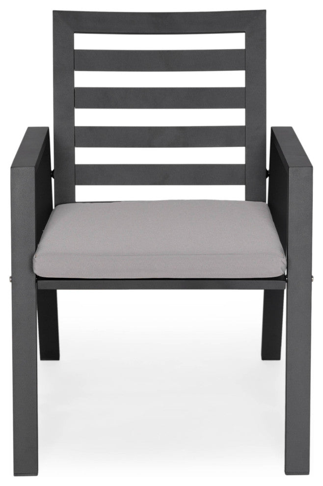 LeisureMod Chelsea Modern 7-Piece Outdoor Dining Set, Black Aluminum, Light Gray