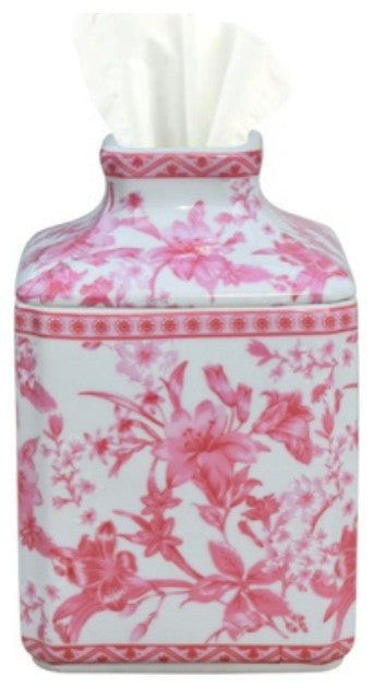 Pink and White Floral Motif Porcelain Tissue Holder