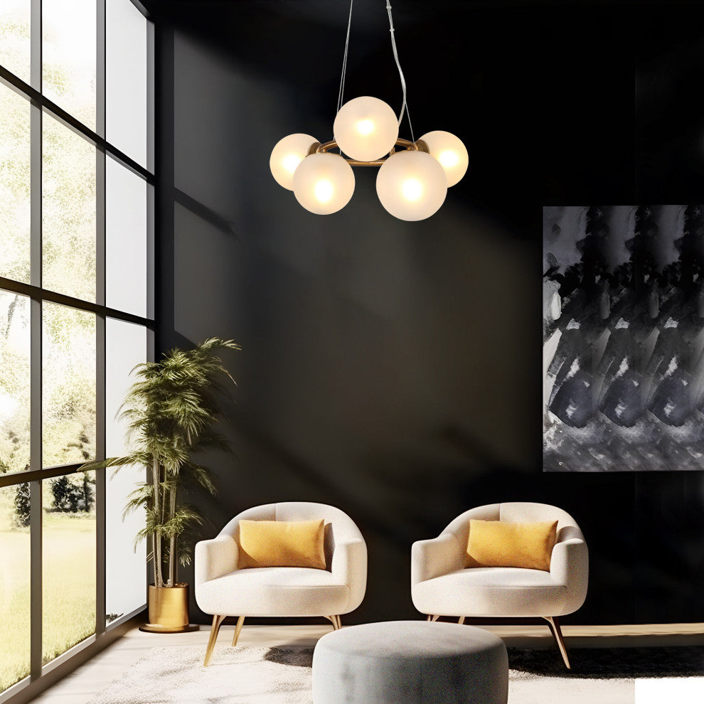 LNC 5-Light Polished Gold With Frosted Glass Globe Modern Chandelier