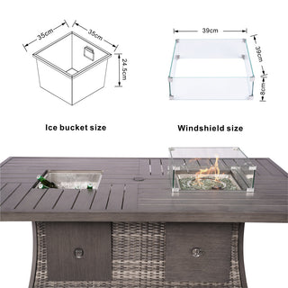 7-Piece Patio Sofa Set with Firepit and Ice Container Dining Table, Grey