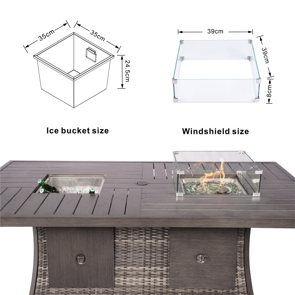 7-Piece Patio Sofa Set with Firepit and Ice Container Dining Table, Grey