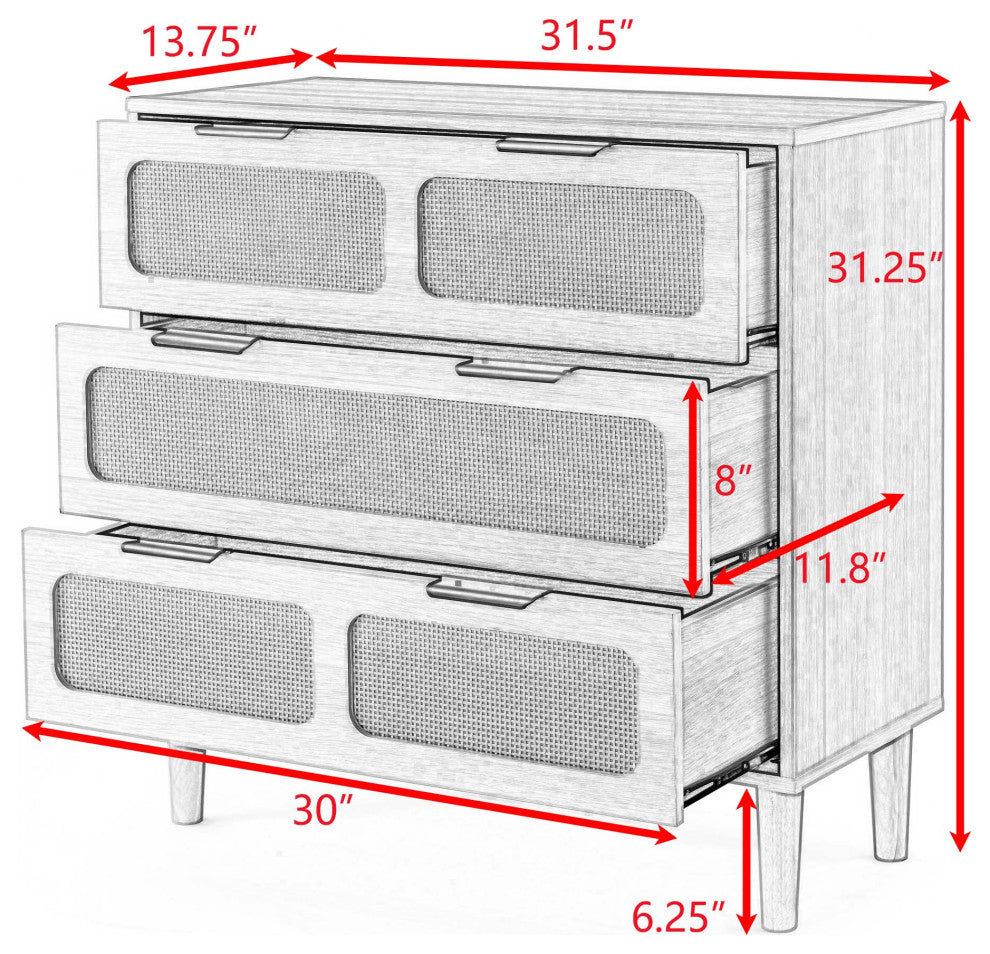 TATEUS 3 drawer dresser, modern rattan dresser cabinet, Natural