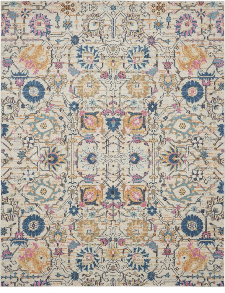 7' X 10' Orange And Ivory Floral Power Loom Area Rug