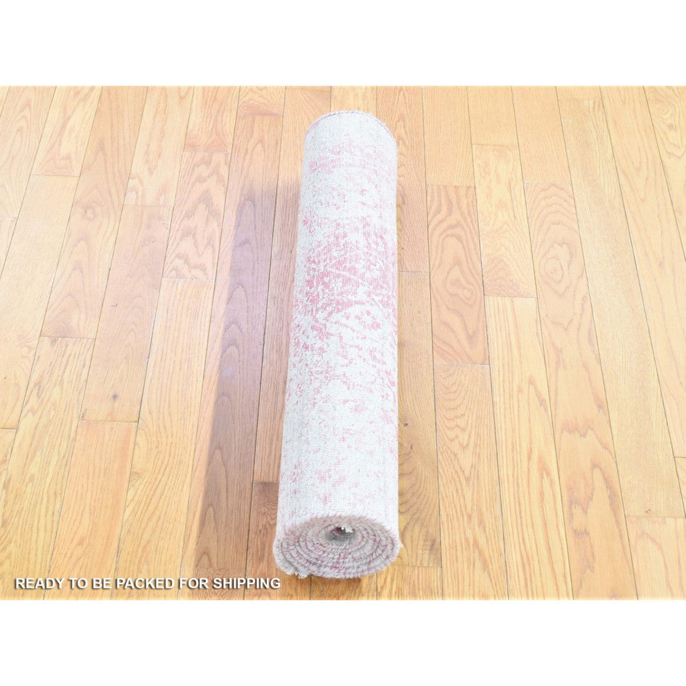 Pink Broken Persian Design Wool and Pure Silk Hand Knotted Runner Rug, 2'6"x7'9"