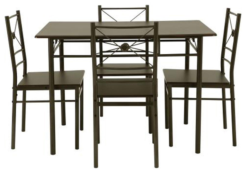 5 Piece Rectangular Dining Set, Dark Bronze and Walnut