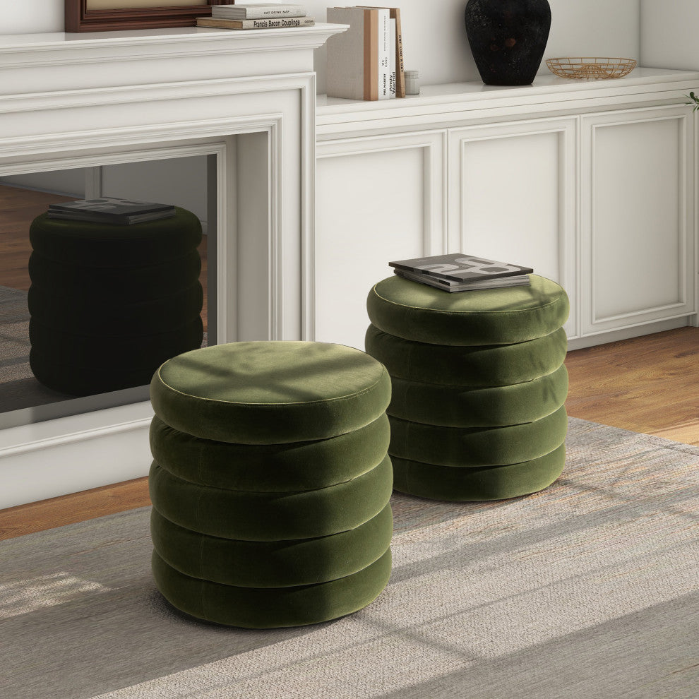 Fuji 19" Oversized Horizontal Tufted Round Storage Ottoman, Olive Green Performance Velvet