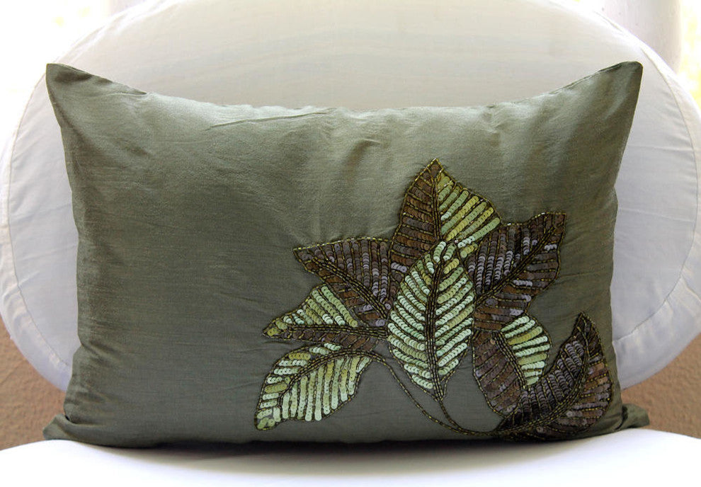 Green Rectangular Pillow Covers 12"x26" Silk, All About Leaves