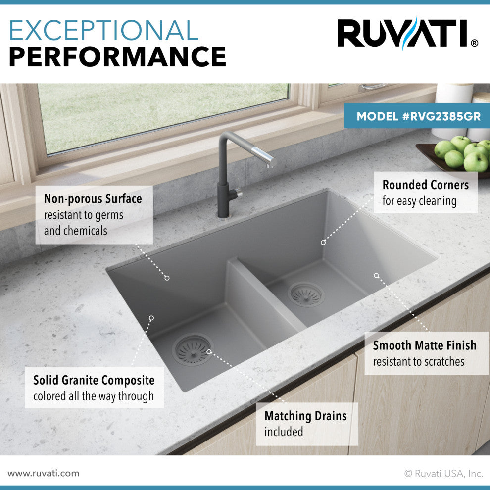 Ruvati RVG2385 33 x 19 inch Granite Composite Double Bowl Kitchen Sink, Silver