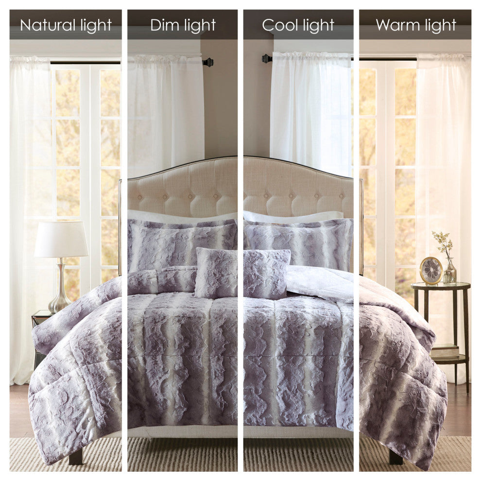 Madison Park Zuri Long Faux Fur 4-Piece Comforter Set, Grey, King