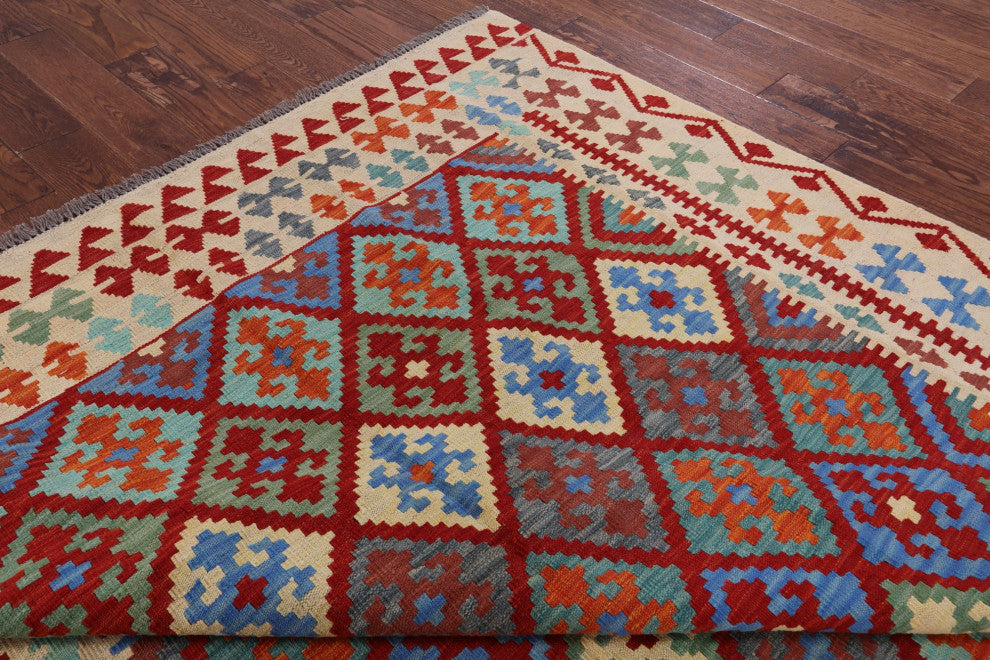 6' 7" X 9' 5" Flat Weave Kilim Wool On Wool Rug - Q12550