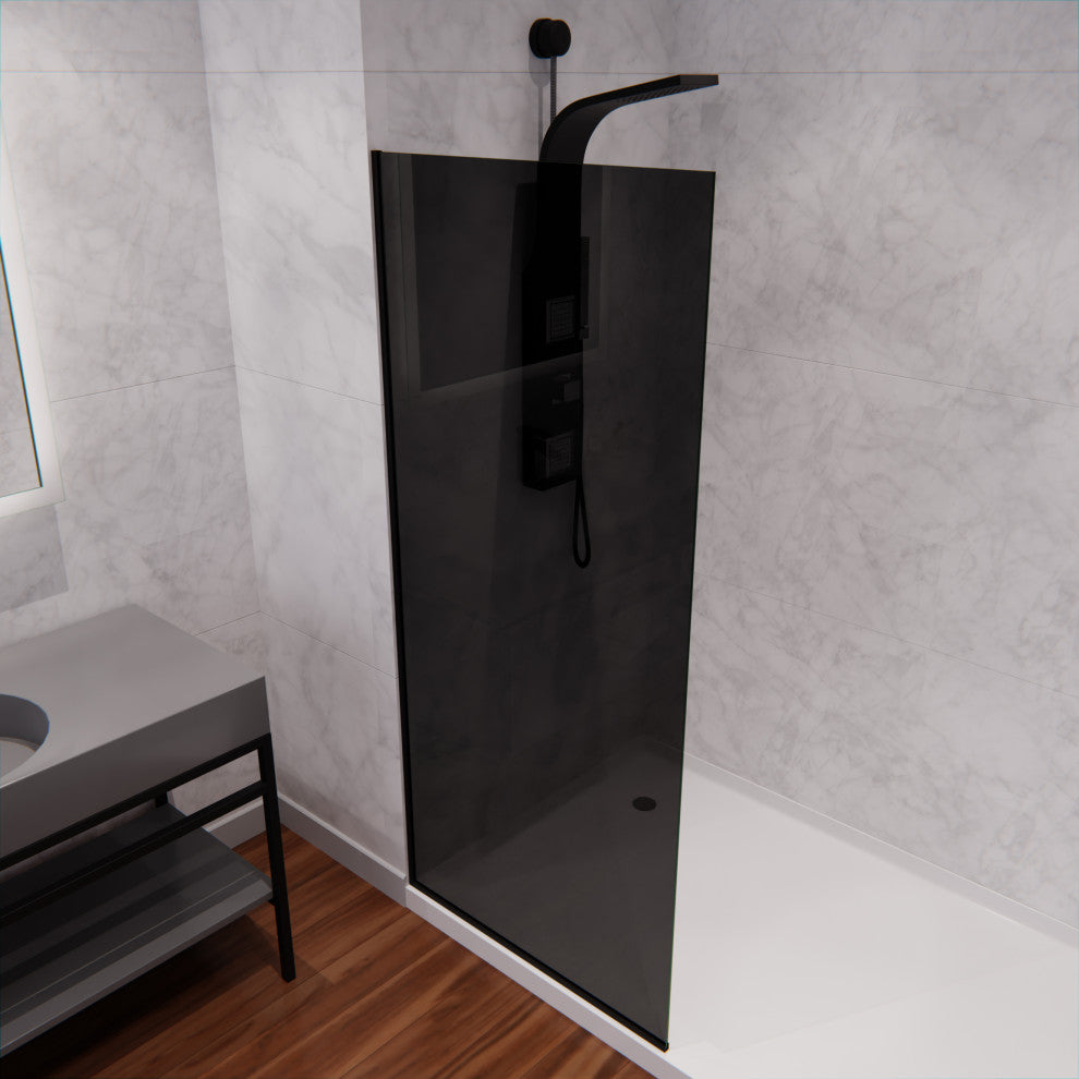 Veil Series 74"x34" Framed Frosted Glass Shower Screen Shower Door, Matte Black, Tinted
