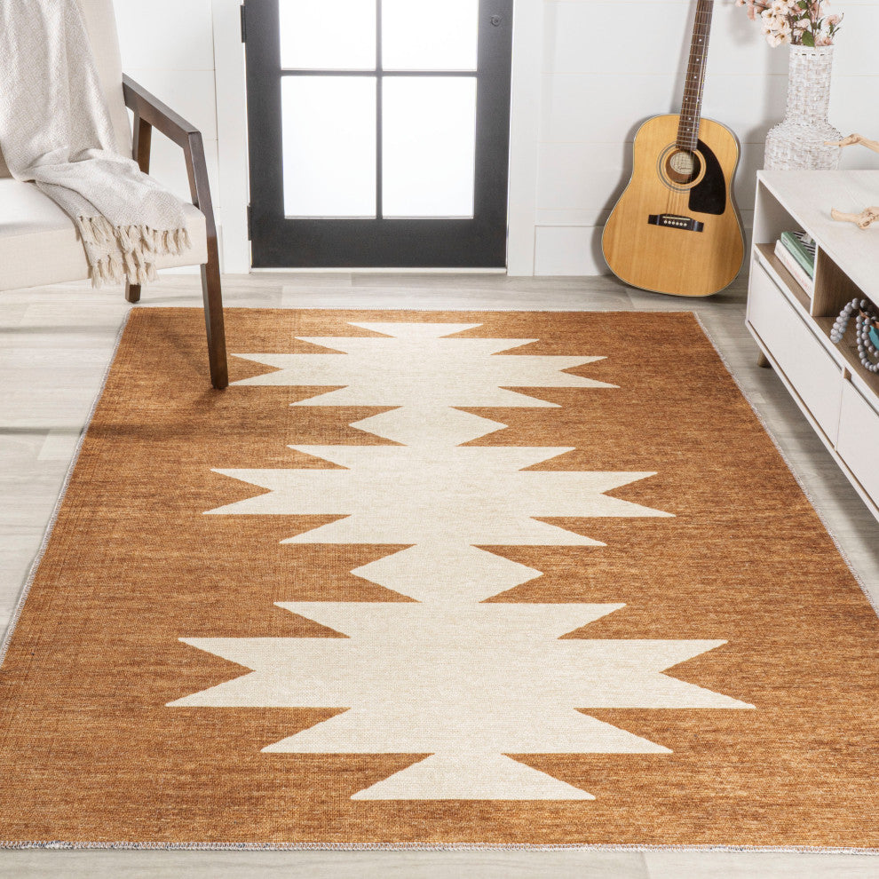 Chayton Minimalist Geometric Machine-Washable Area Rug, Rust/Cream, 8x10