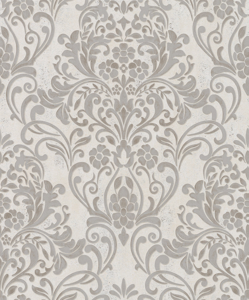 Damask Textured Wallpaper, Ornamental, Beige Cream Gray Silver Gold, 1 Roll