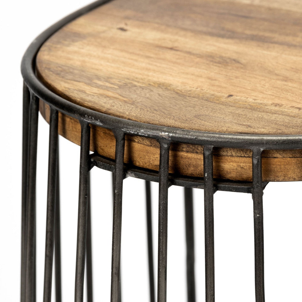 Seagram Brown Solid Wood Seat with Black Metal Frame Bar Stool