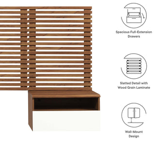 Render Wall Mount Twin Headboard and Modern Nightstands, Walnut