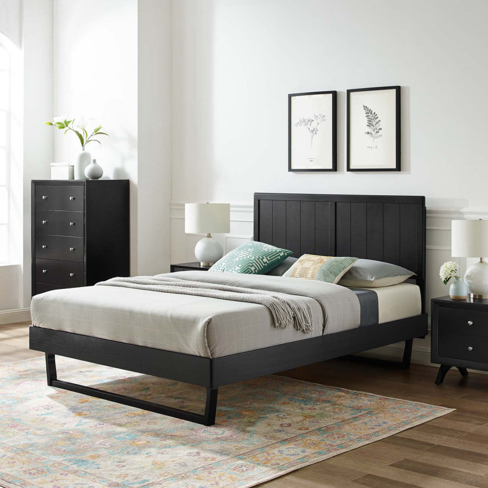 Platform Bed Frame, Queen Size, Wood, Black, Modern Mid-Century, Bedroom Master