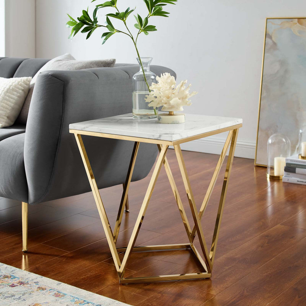 Sofa Side Table, Square, Artificial Marble, Metal, Gold White, Modern, Lounge