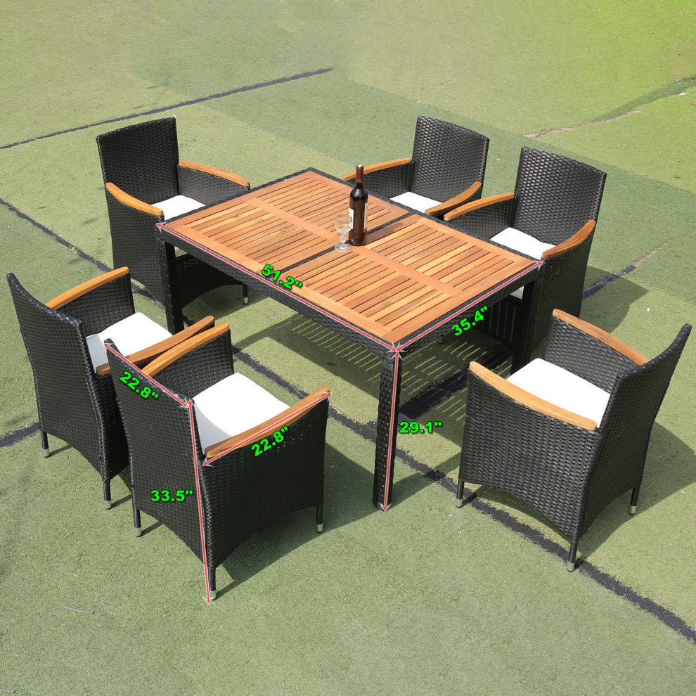 7 Pieces Outdoor Patio Wicker Furniture Dining Table Set With 6 Stools
