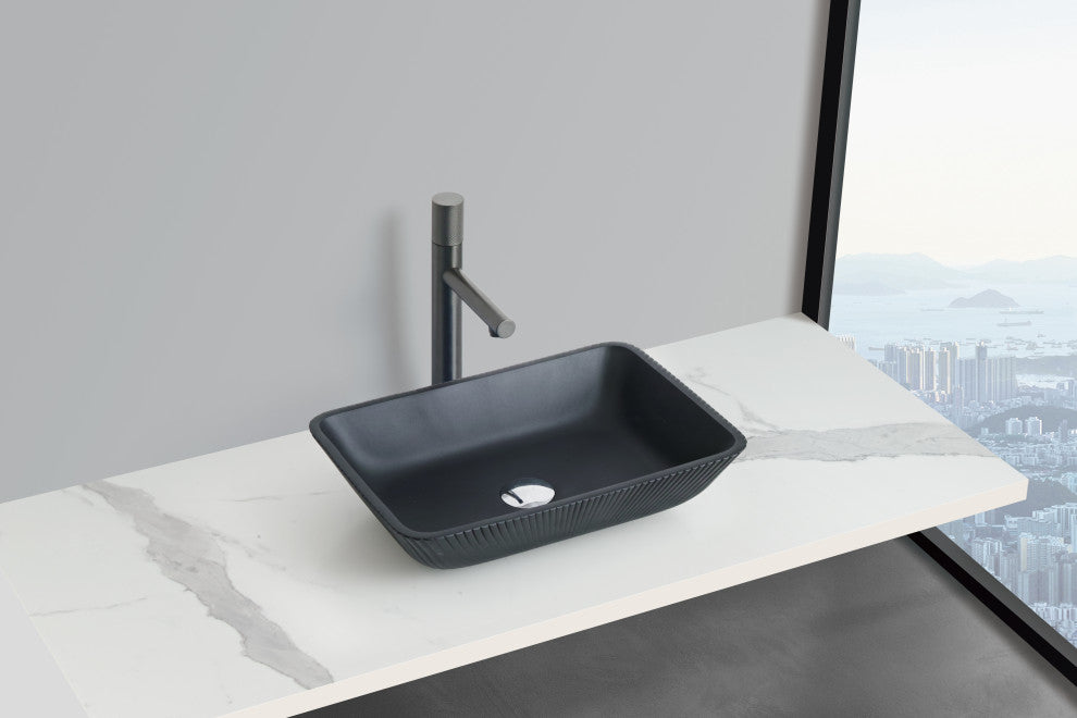 CastelloUSA Arete Rectangular Tempered Glass Vessel Sink Basin, Matte Black