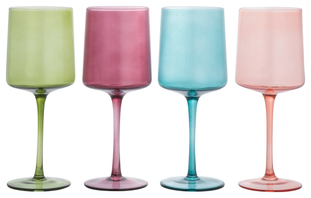 Hand Blown Stemmed Wine Glasses, 14 Ounces, 4 Assorted Colors