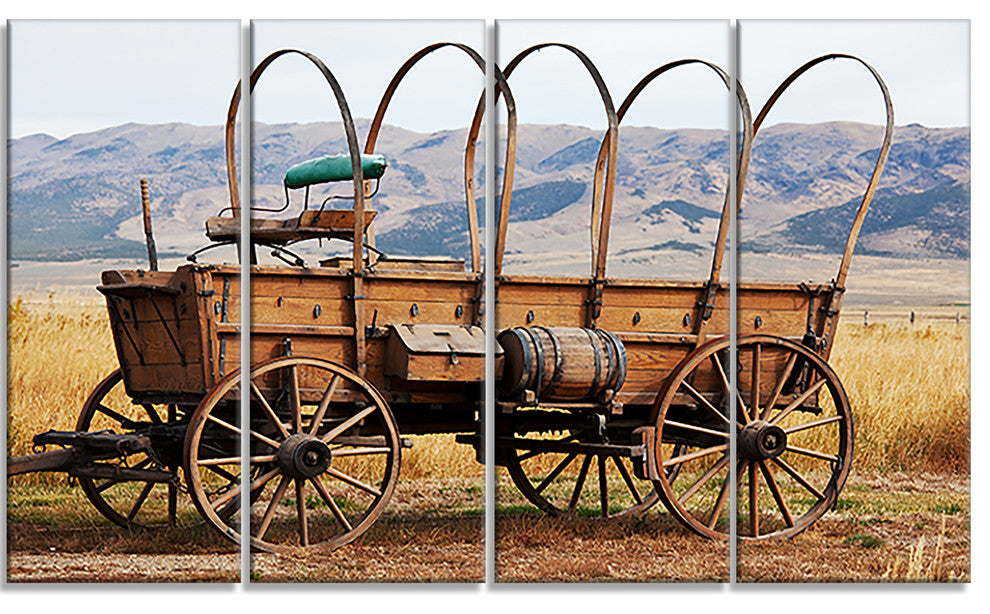 Old American Cart in Grassland, Landscape Canvas Art, 48"x28", 4 Panels