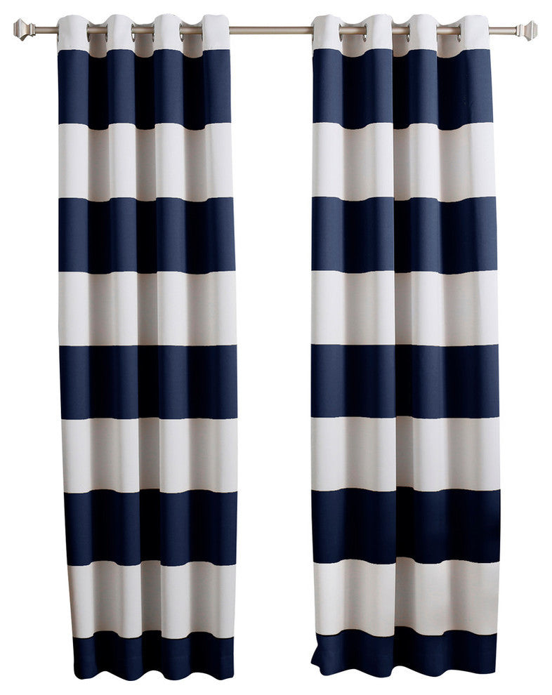 Bold Stripe Print Grommet Top Curtain Pair 84" L, Navy